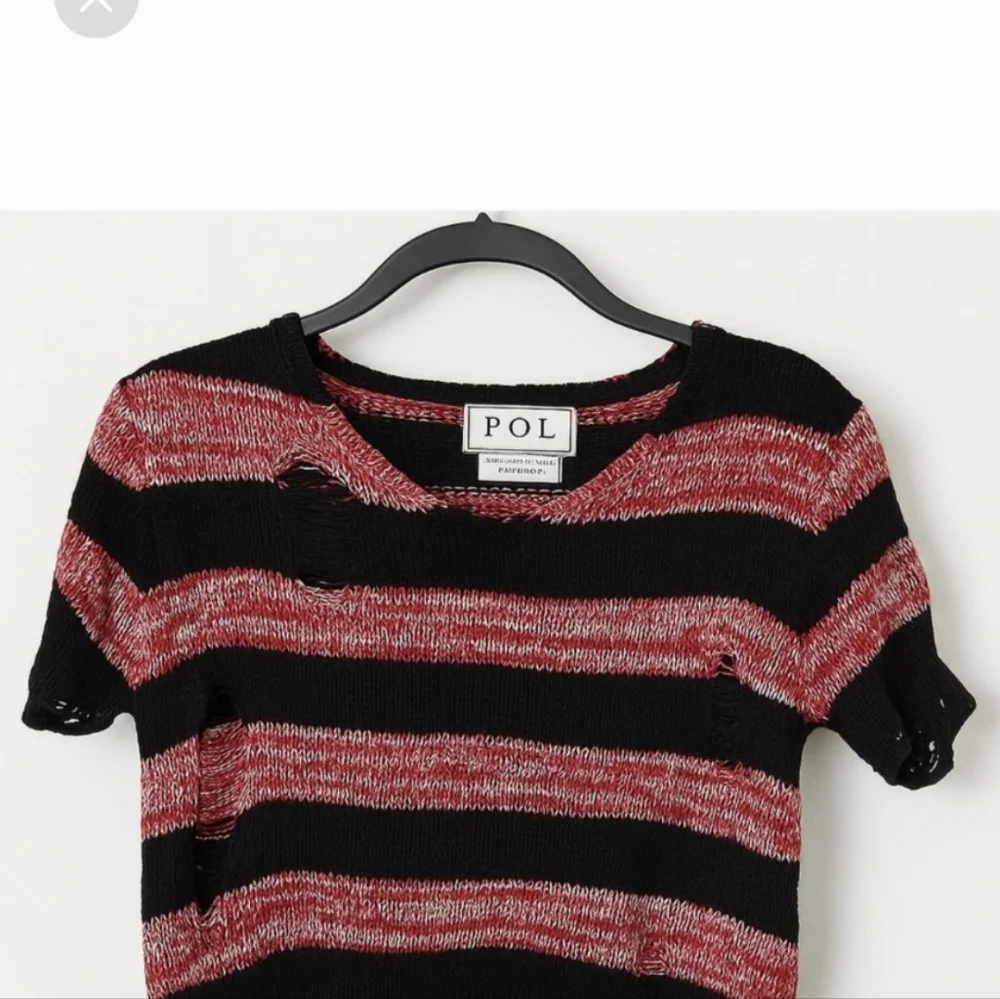 NWT POL Black and Red Striped Knit Distressed Top Size Small